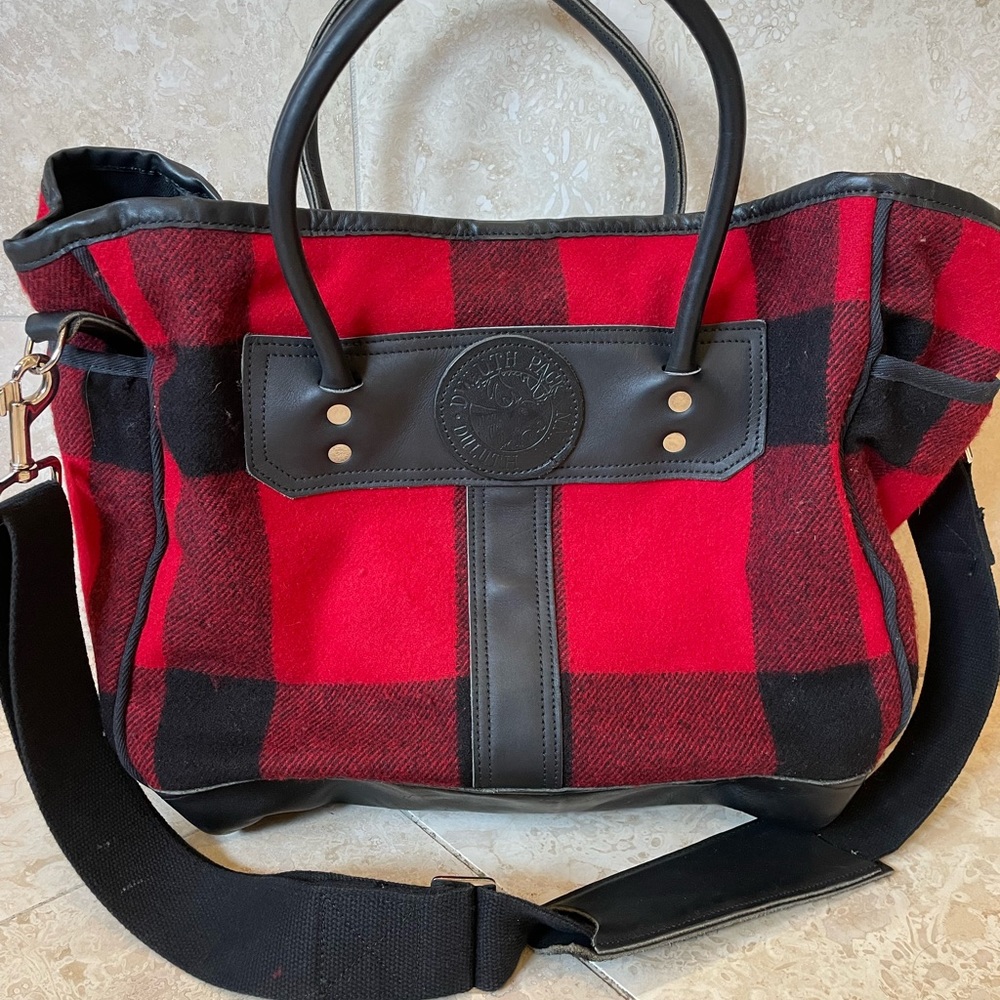 Duluth pack Large Tote. Authentic Black leather and buffalo check . Like New
